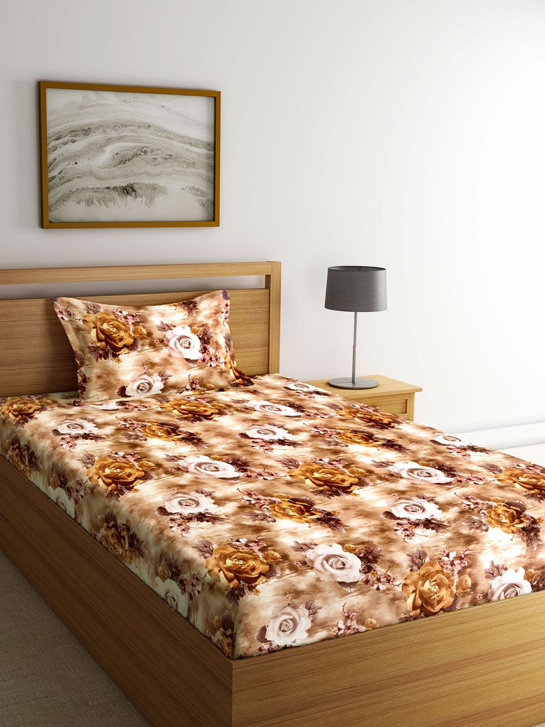 Arrabi Camel Brown Floral 300 TC Single Bedsheet with 1 Pillow Covers-image-18
