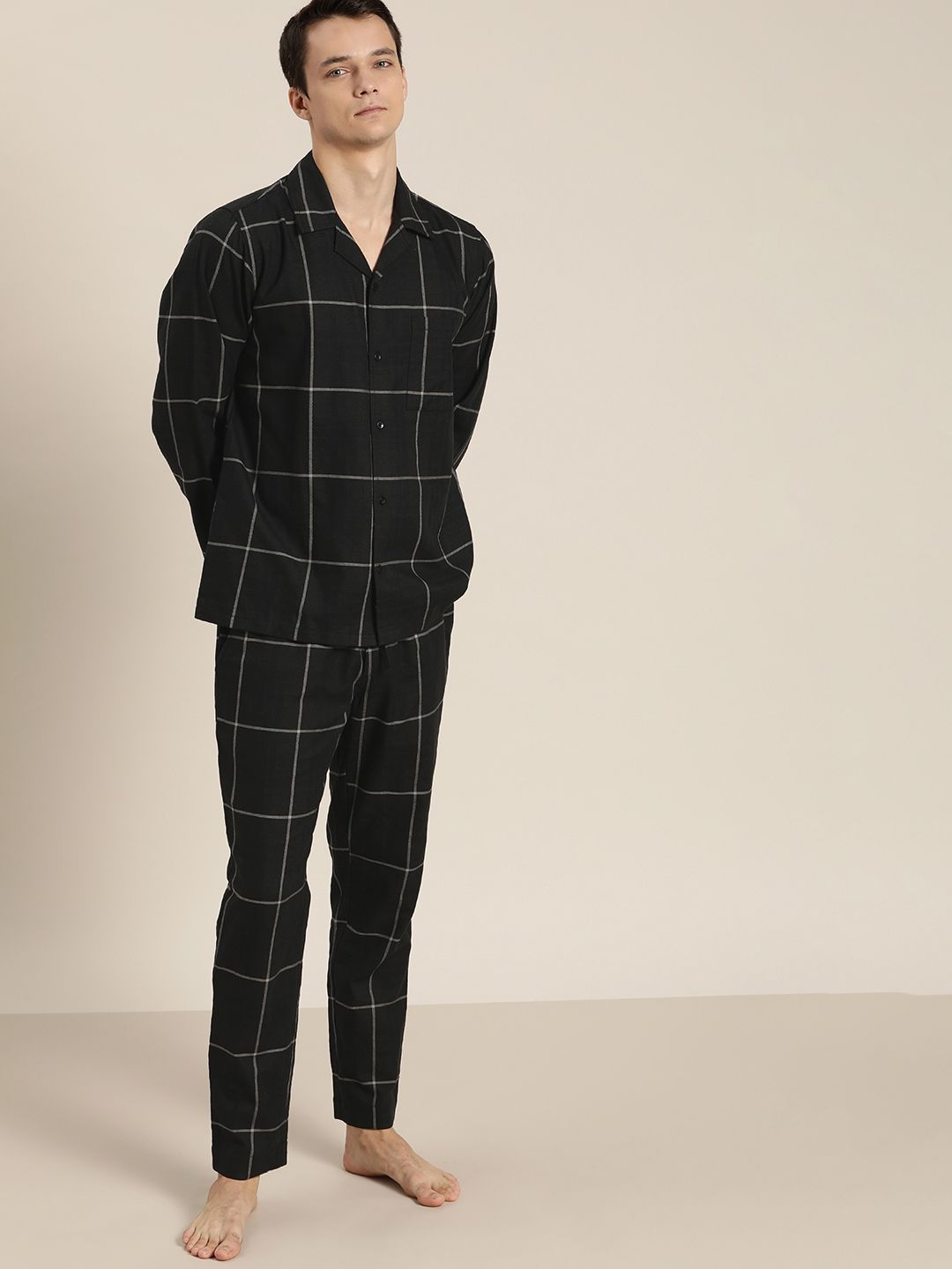 ether Men Black & Grey Pure Cotton Checked Pyjama Set-picture-45