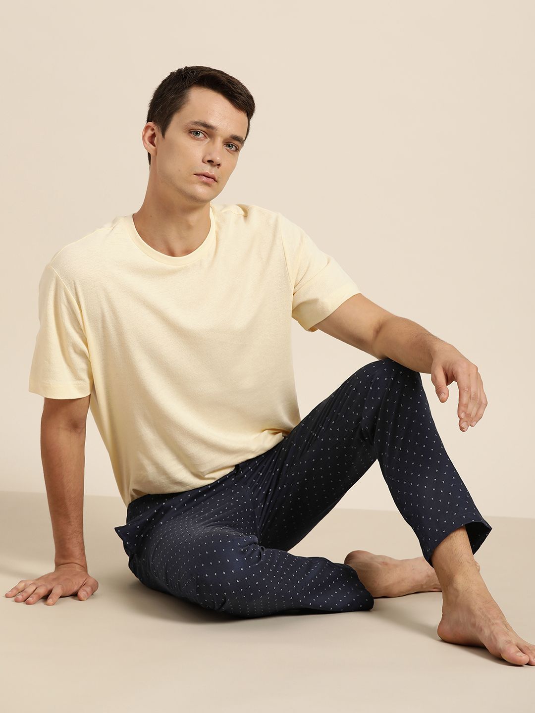 ether Men Navy Blue & White Micro Ditsy Print Cotton Lounge Pants-picture-22