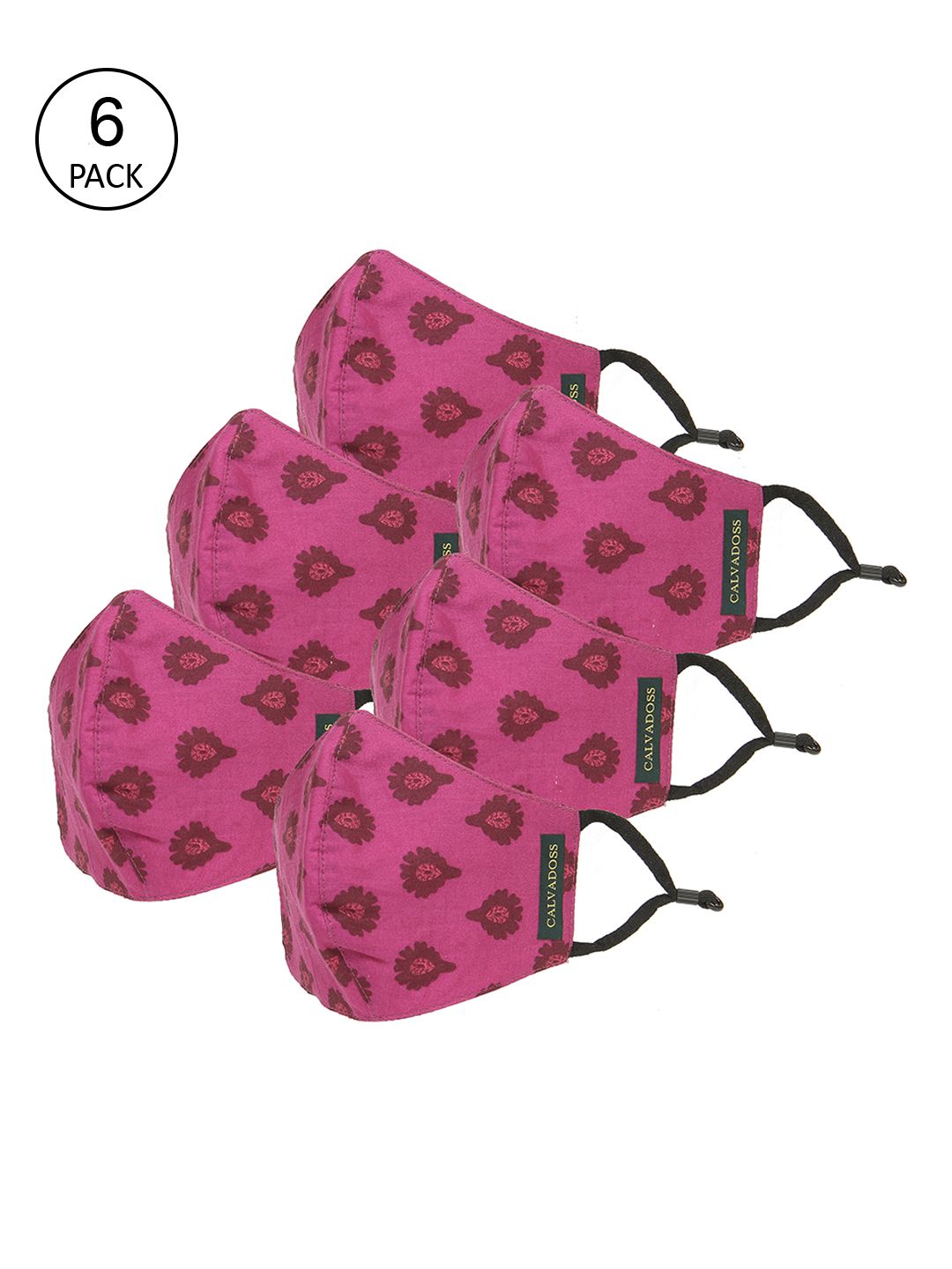 Calvadoss Men Pack Of 6 Magenta Pink & Maroon Printed 3-Ply Reusable Cotton Cloth Masks-image-2