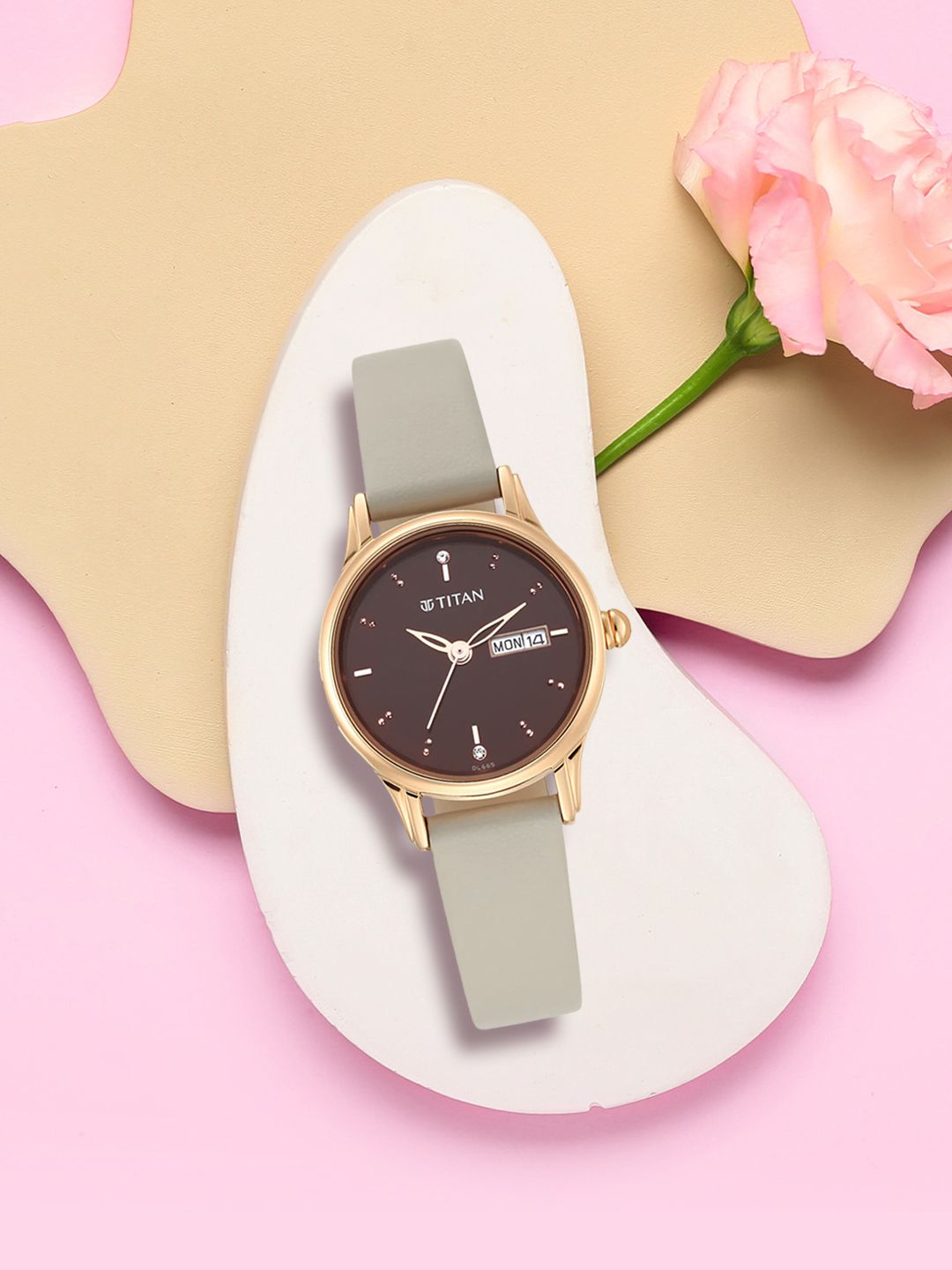 Titan Women Brown Brass Embellished Dial & Grey Leather Straps Analogue Watch 2656WL01-image-46