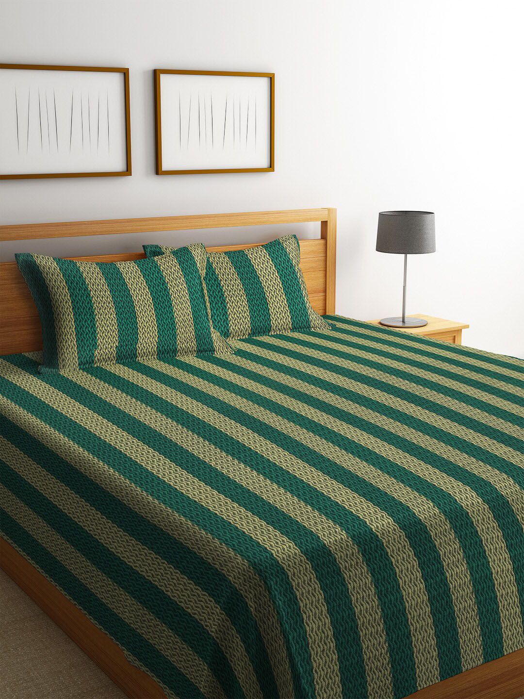 Arrabi Yellow & Green Striped Handwoven Double King Size Bedcover With 2 Pillow Cover-image-7