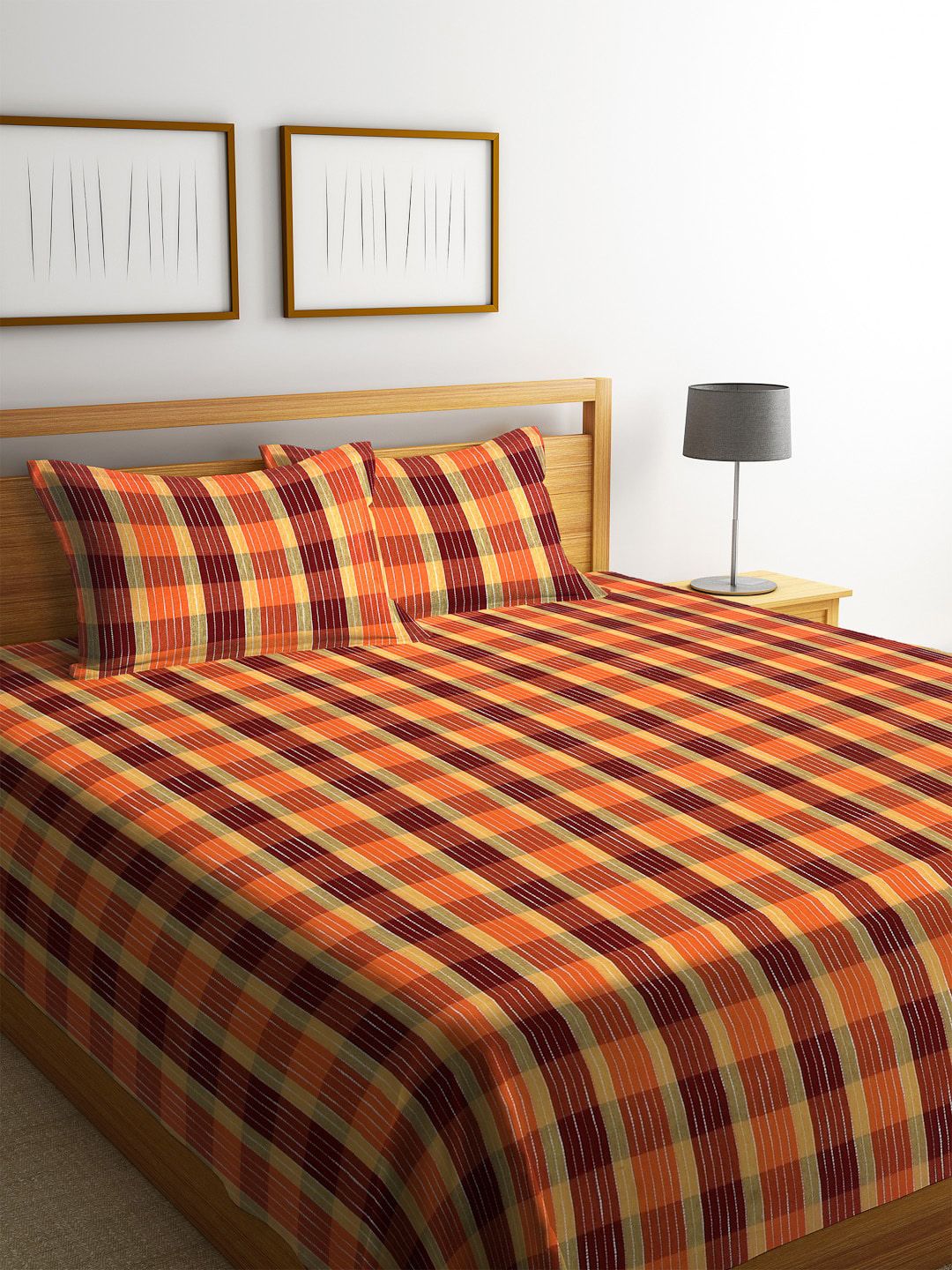 Arrabi Orange & Maroon Checked Handwoven Cotton Double King Size Bedcover & 2 Pillow Cover-image-27