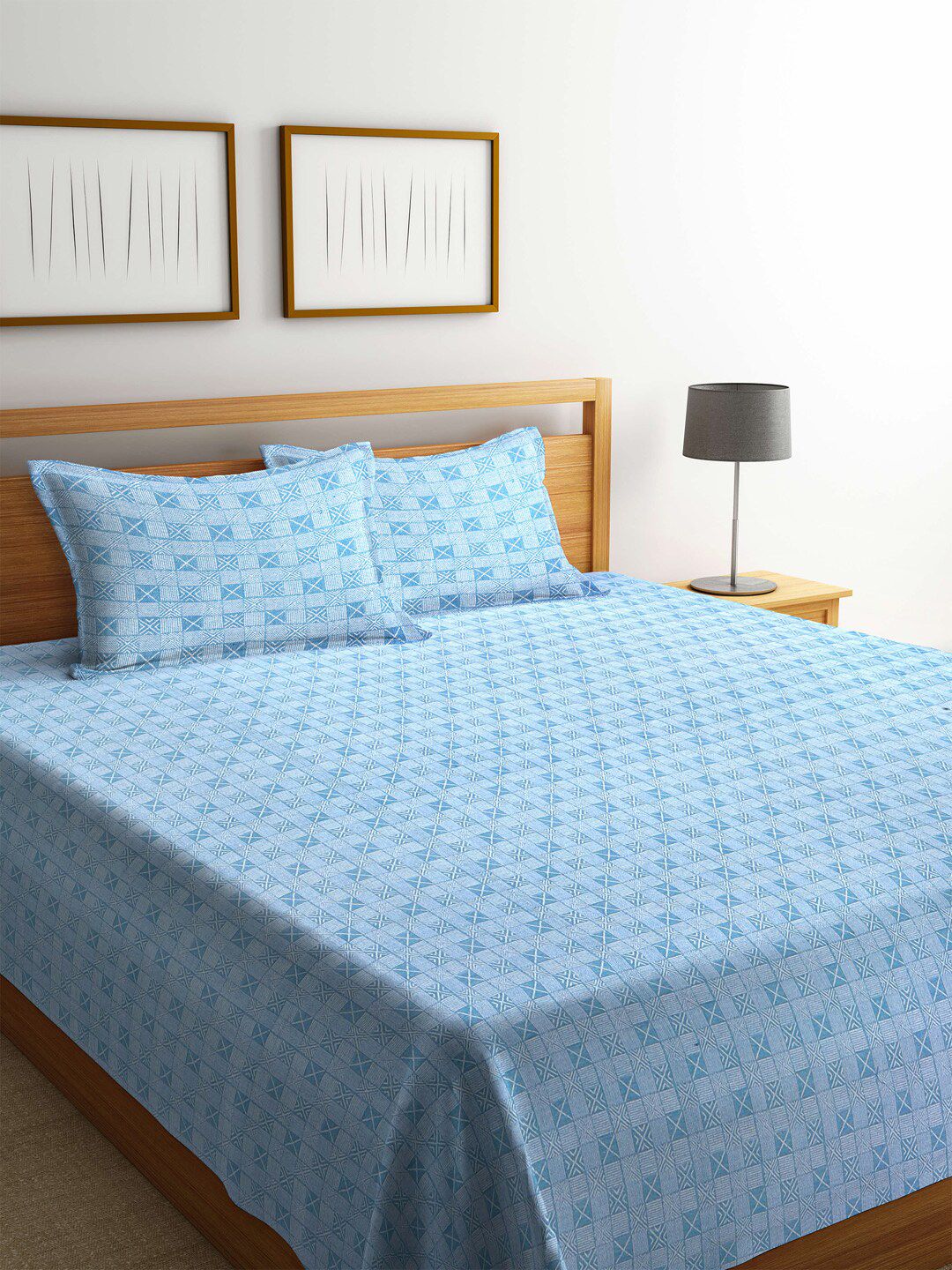 Arrabi Blue & White Geometric Cotton Super King Bed Cover With 2 Pillow Covers-picture-23