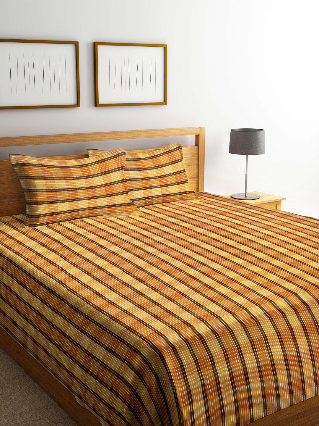 Arrabi Brown & Yellow Striped Cotton Super King Size Bedcover with 2 Pillow Cover-image-31