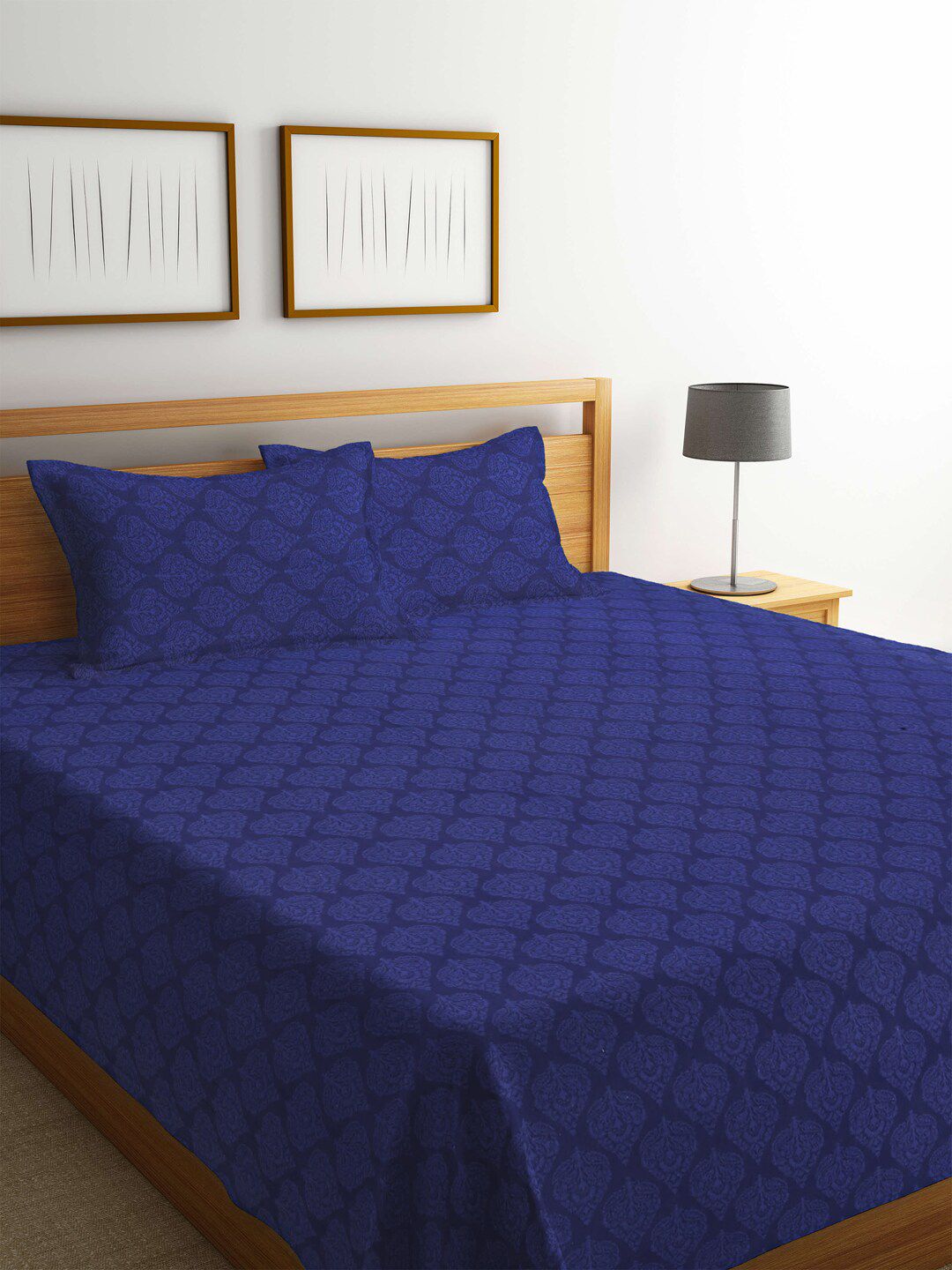 Arrabi Blue Floral Handwoven Cotton Double Size Bedcover with 2 Pillow Cover-image-19