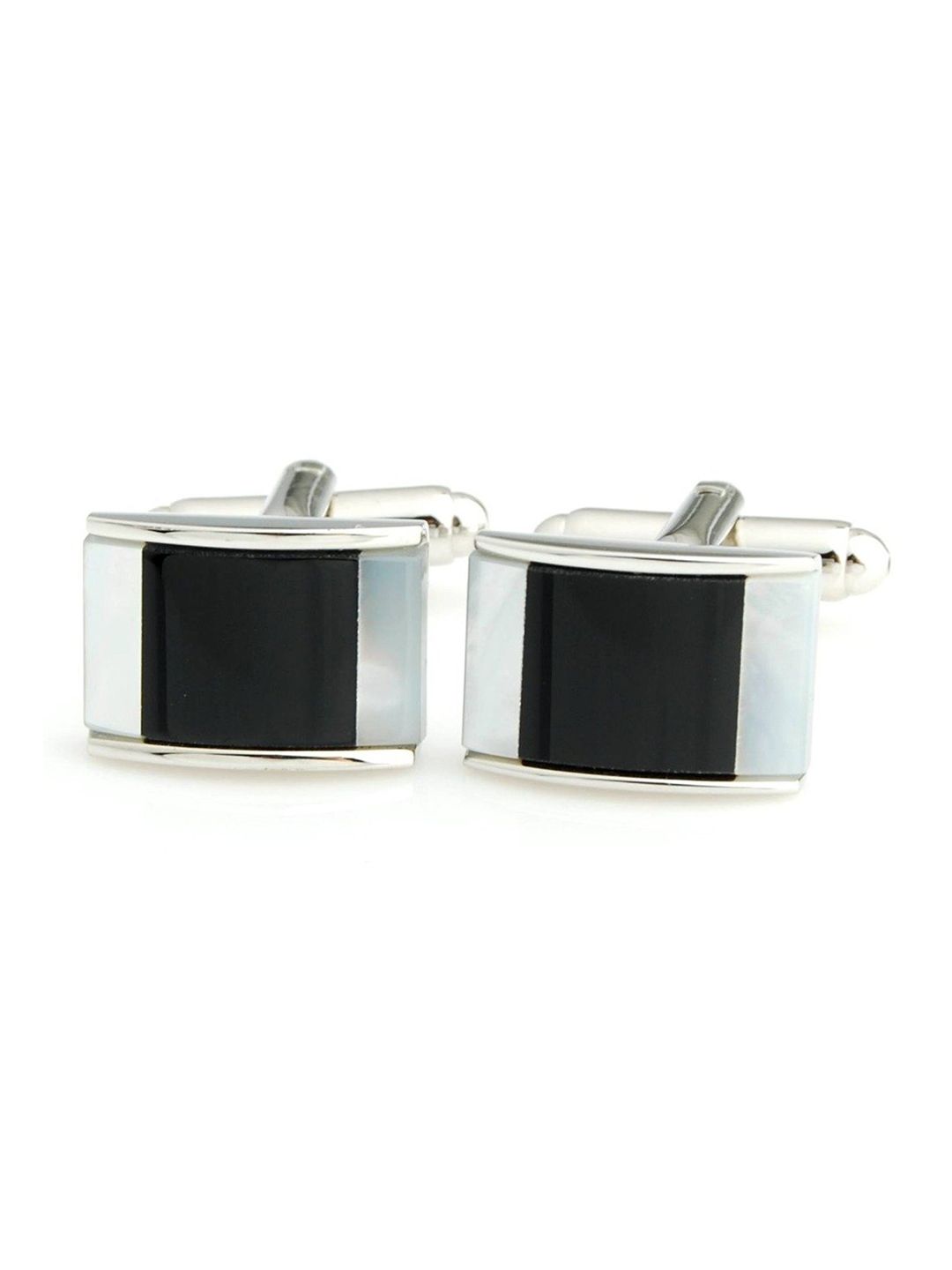 PELUCHE Men Mother Of Pearl Stone & Black Onyx Stone Silver-Toned Cufflink-picture-10