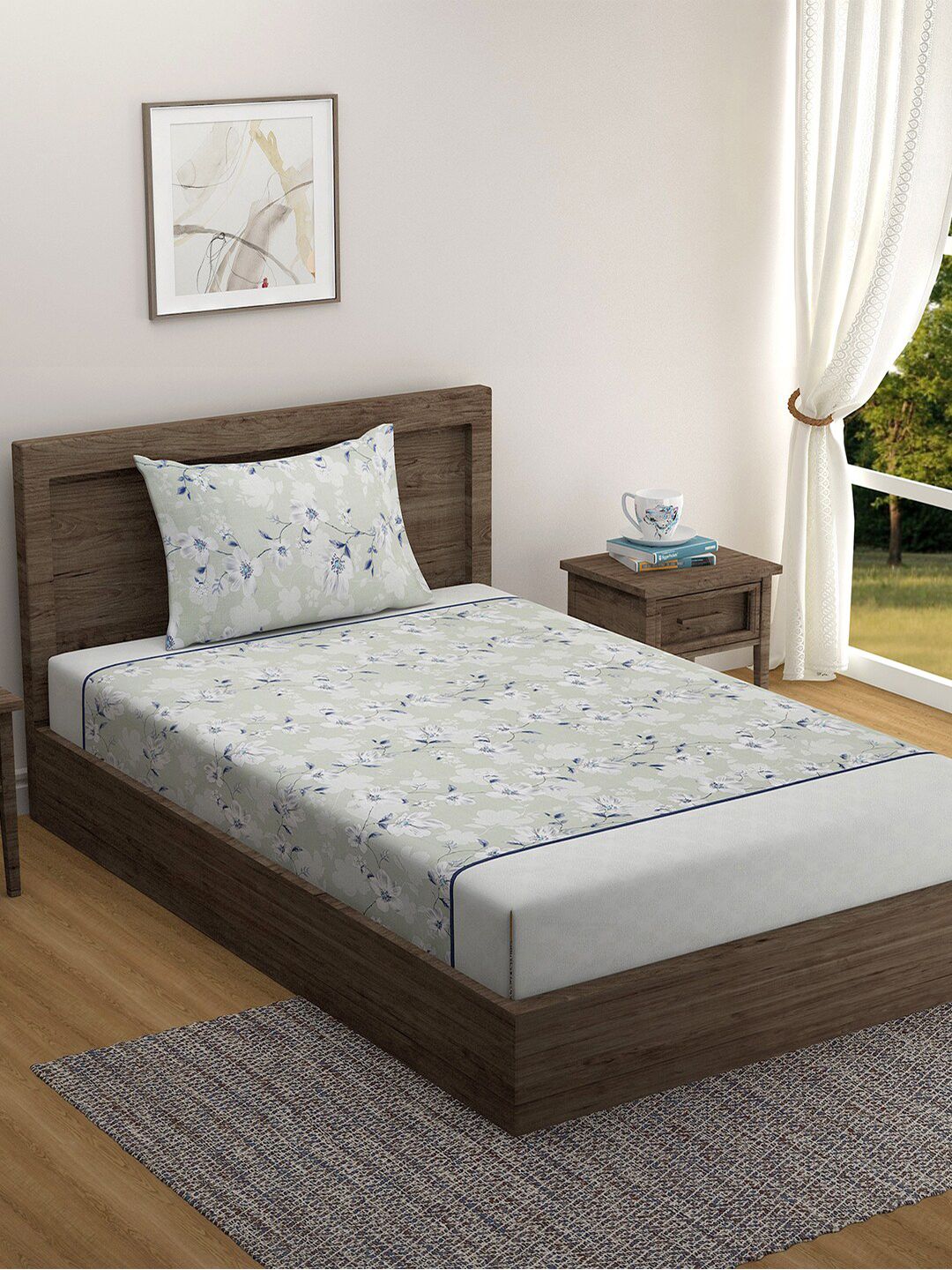 SWAYAM Green & White Floral 144 TC Single Bedsheet with 1 Pillow Covers-picture-33