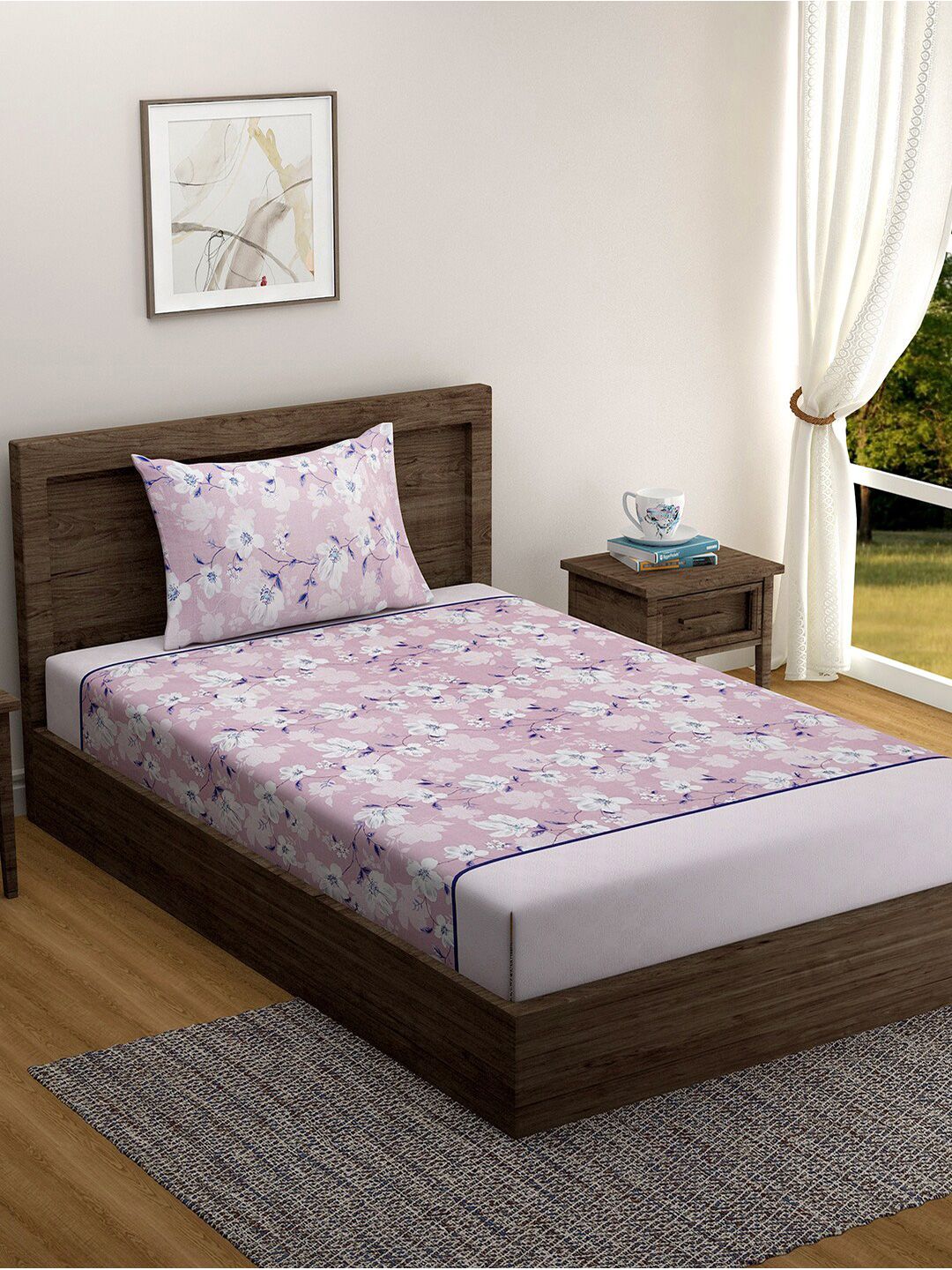 SWAYAM Purple & White Floral 144 TC Pure Cotton Single Bedsheet With 1 Pillow Covers-picture-12