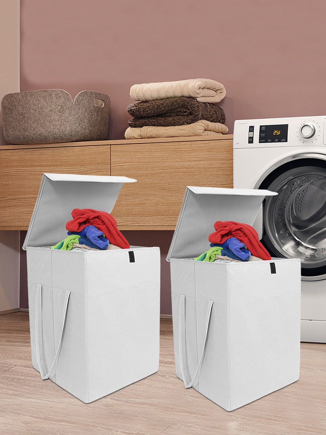 prettykrafts Set of 2 Solid Foldable Laundry Basket With Lid-picture-41