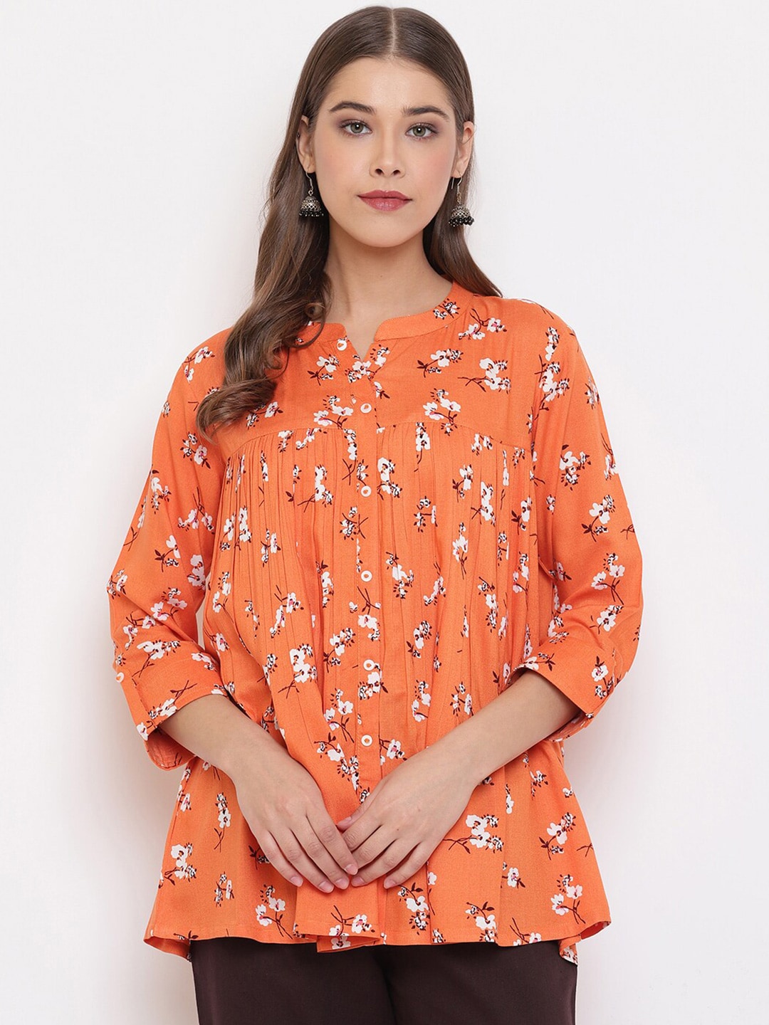 Janasya Orange Floral Mandarin Collar A-Line Top