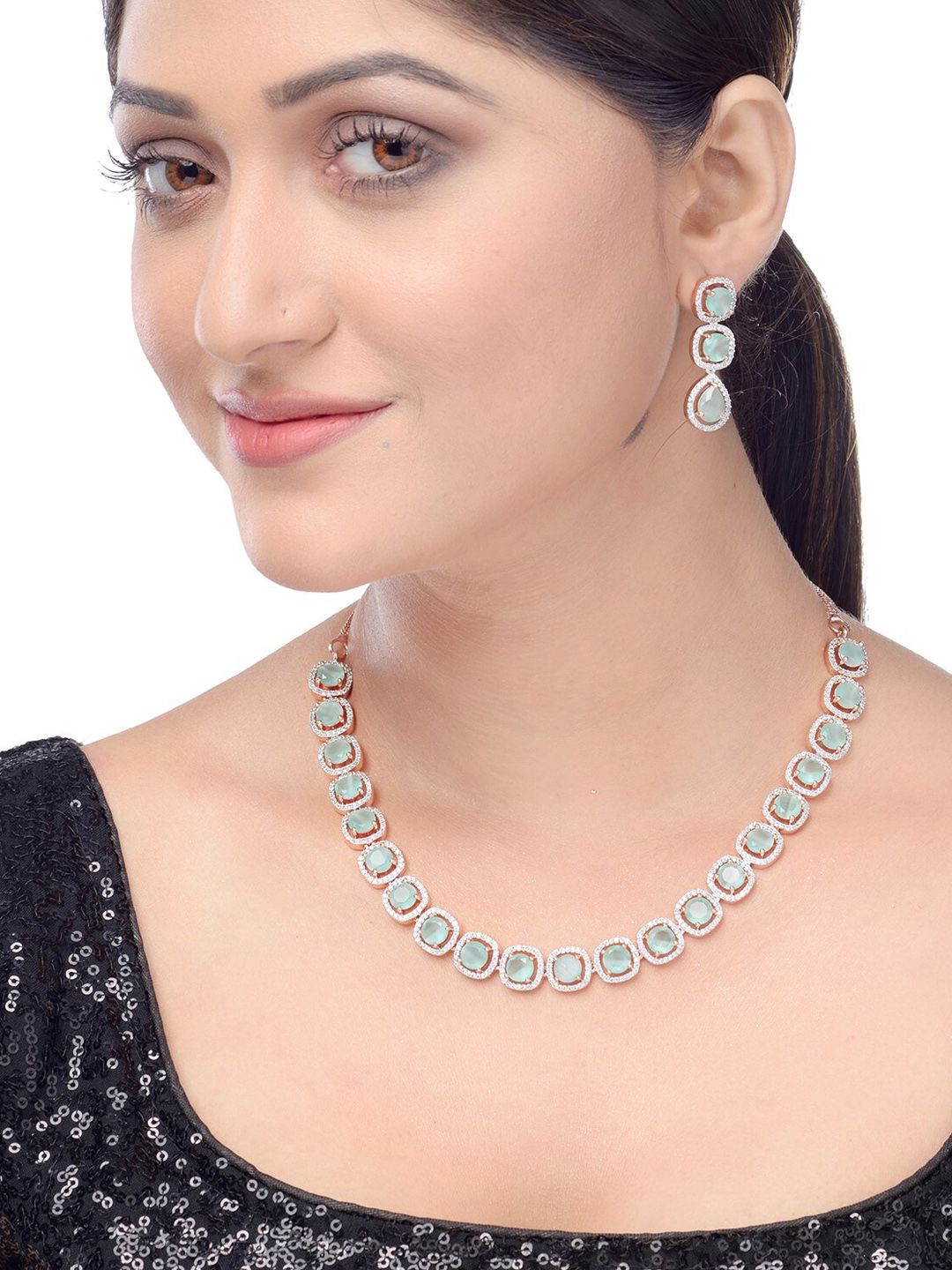Saraf RS Jewellery Rose Gold-Plated Sea Green & White AD-Studded Handcrafted Jewellery Set-picture-33