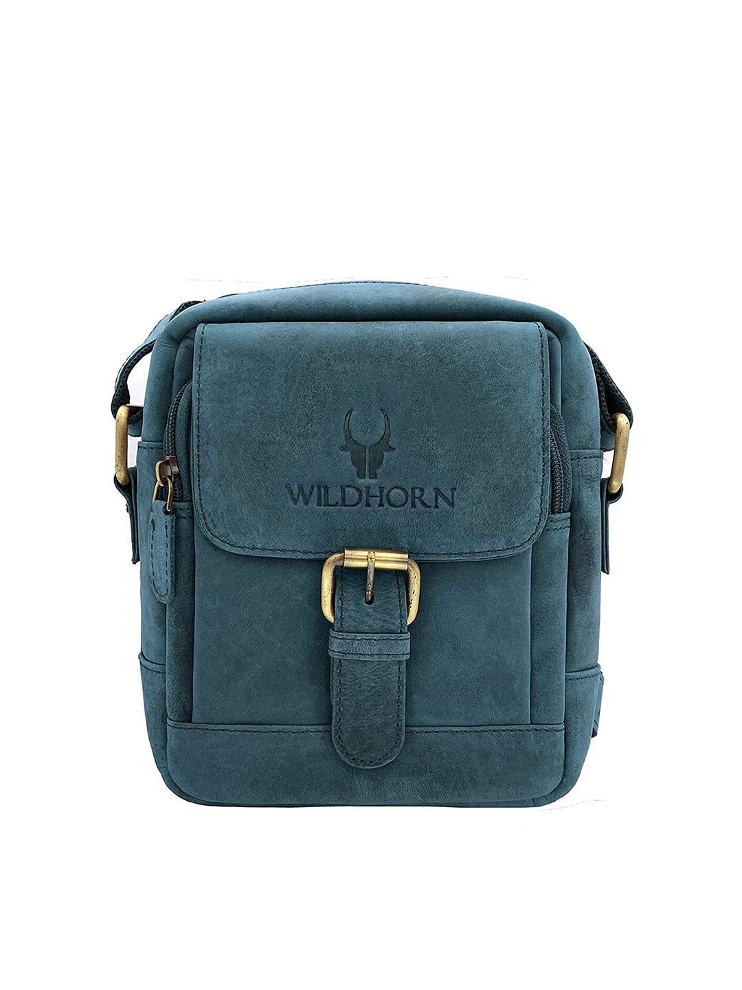 WildHorn Men Blue & Gold-Toned Textured Leather Messenger Bag-picture-14