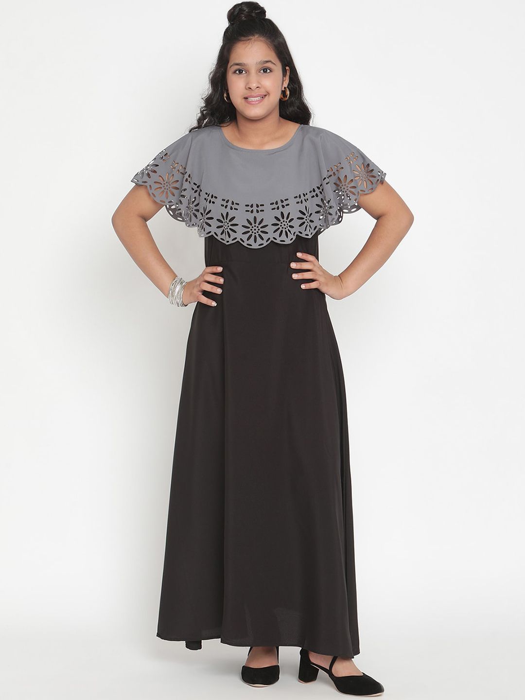 Stuffie Land Girls Grey & Black Crepe Maxi Dress-picture-30
