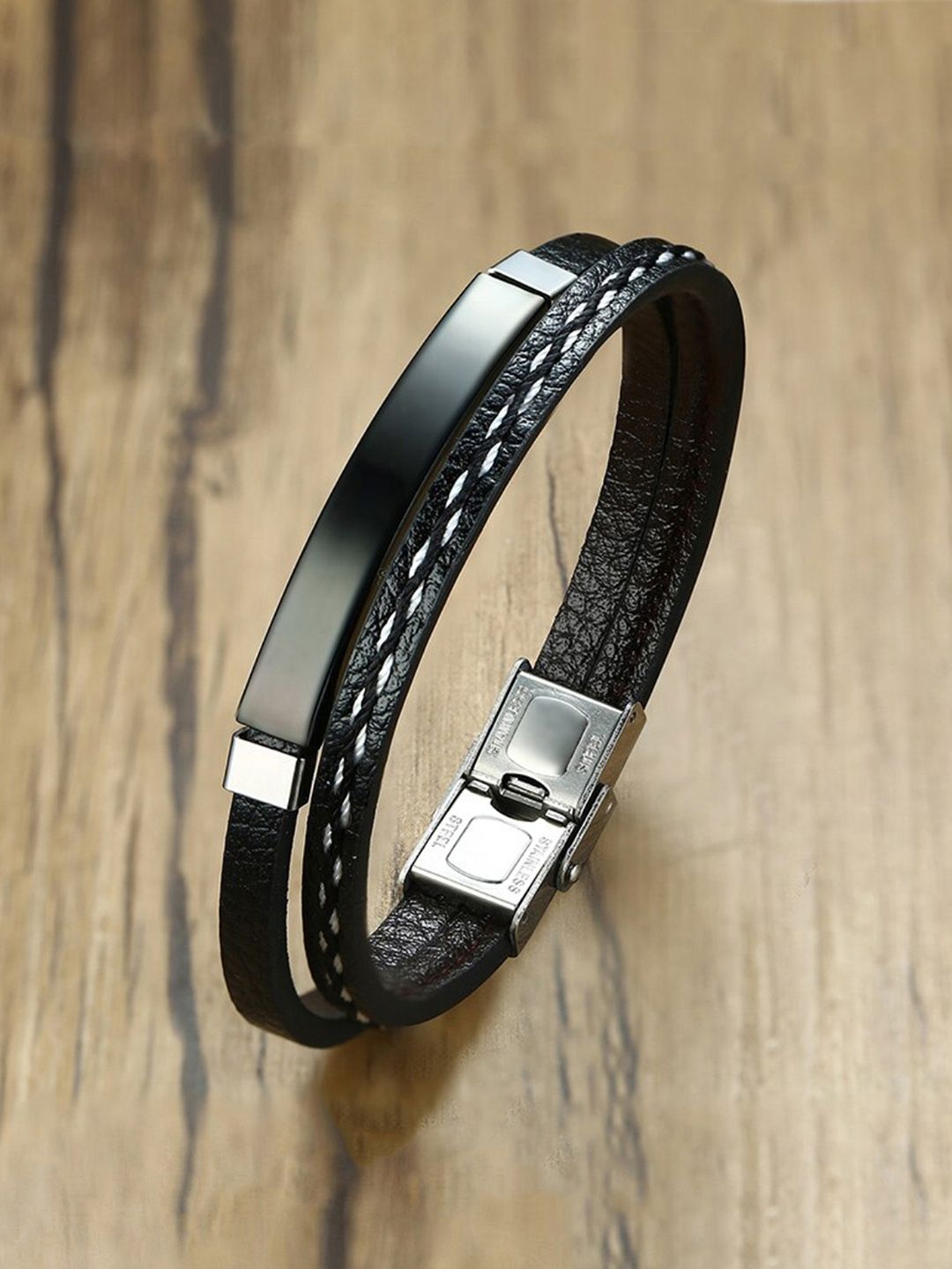 Yellow Chimes Men Black & Silver-Toned Stainless Steel Wrist Leather Wraparound Bracelet-image-47