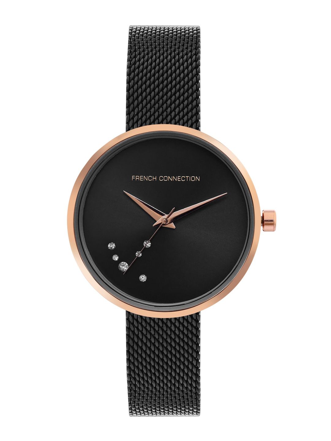 French Connection Women Black Embellished Dial & Black Stainless Steel Bracelet Style Straps Analogue Watch