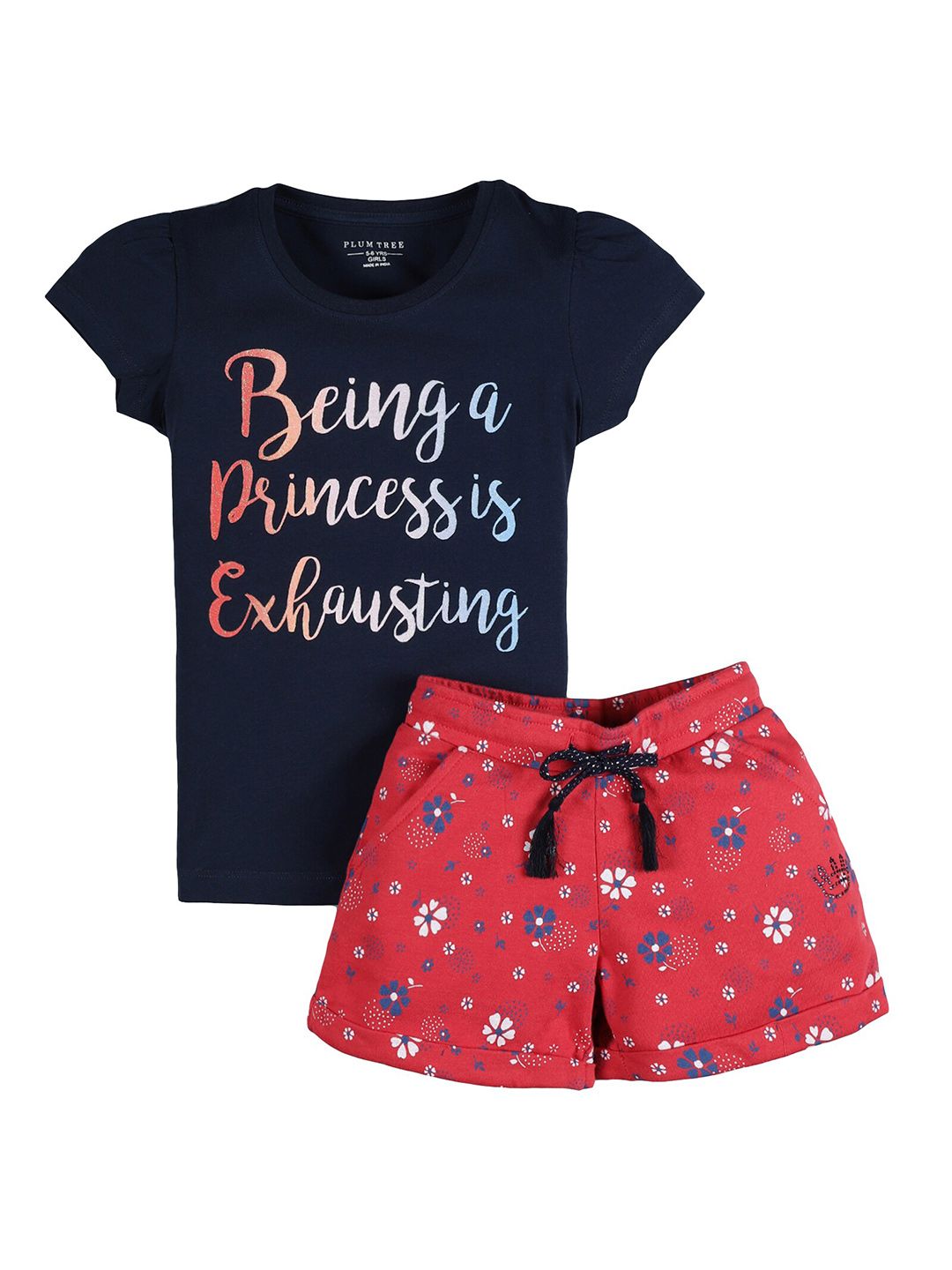 PLUM TREE Girls Red & Navy Blue Printed T-shirt with Shorts-picture-11