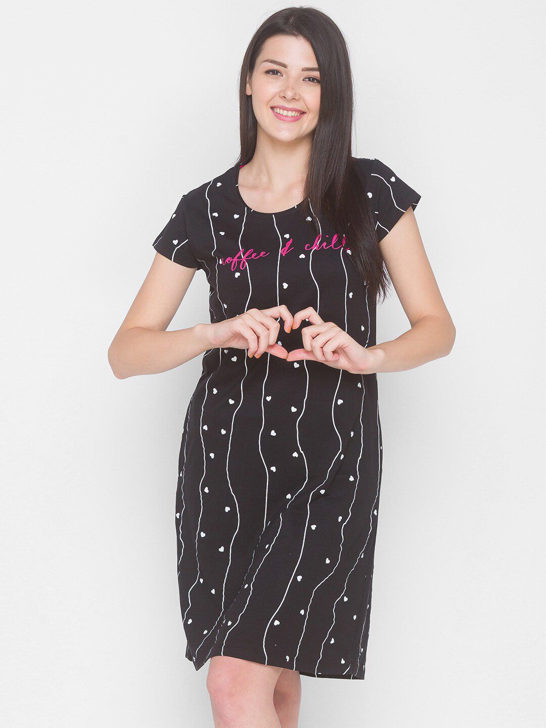 AV2 Women Black & White Striped Printed Pure Cotton T-Shirt Night Dress-picture-13