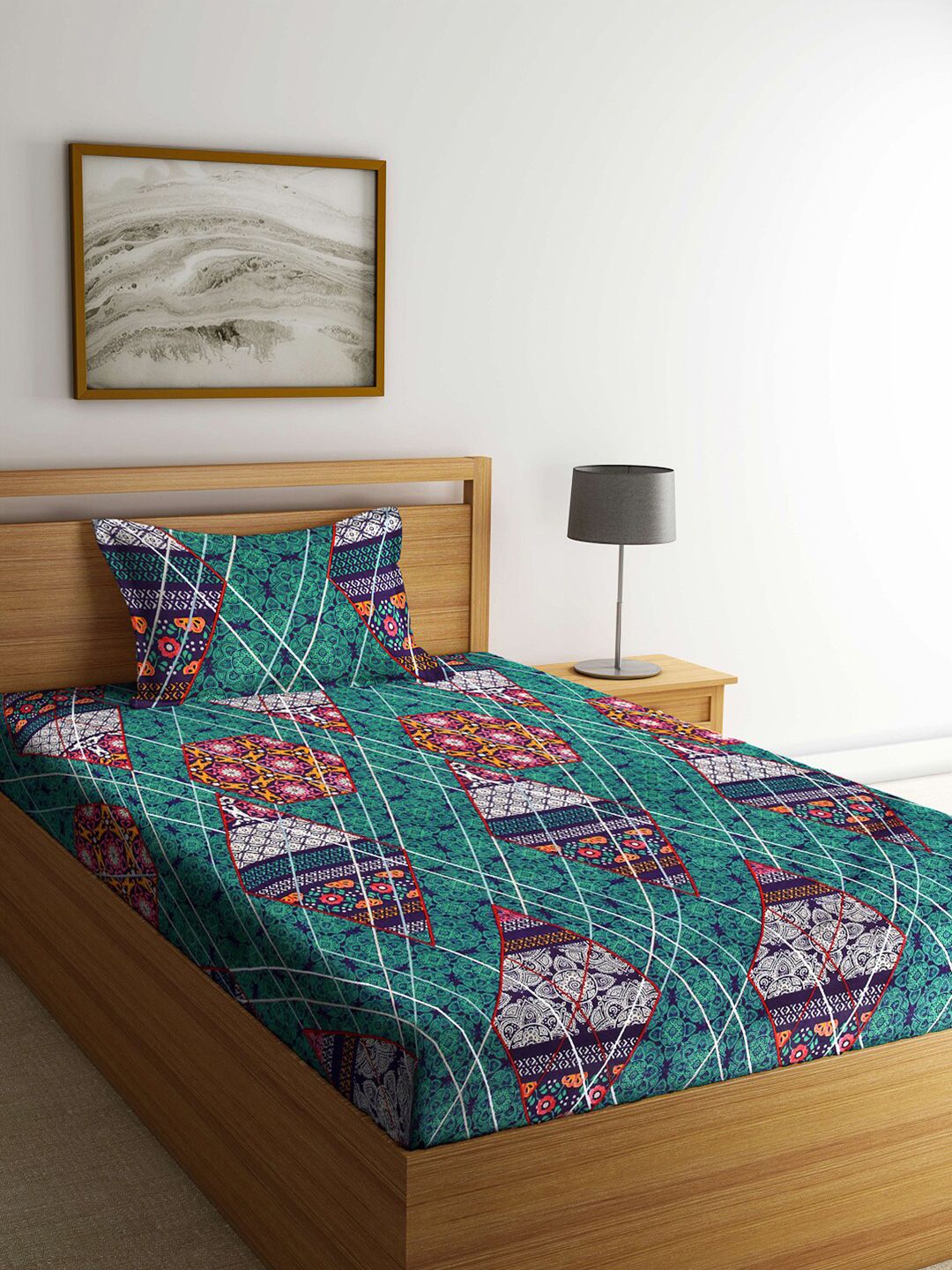 Arrabi Sea Green & Navy Blue Ethnic Motifs 300 TC Single Bedsheet with 1 Pillow Covers-picture-19