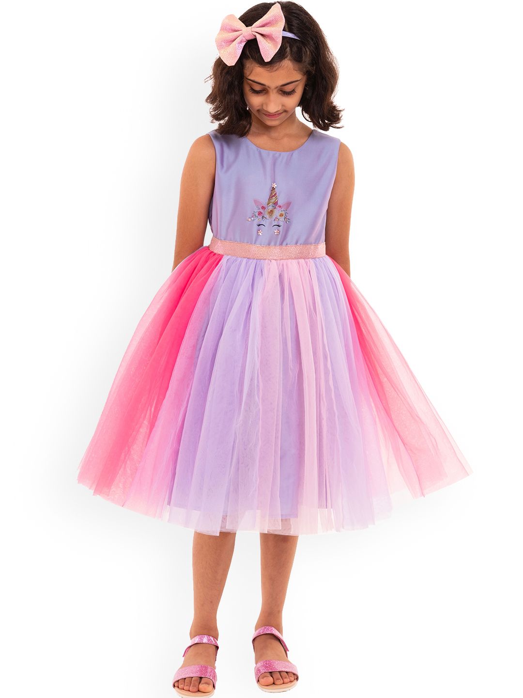 A Little Fable Lavender & Pink Gathered Embellished Dress-picture-29