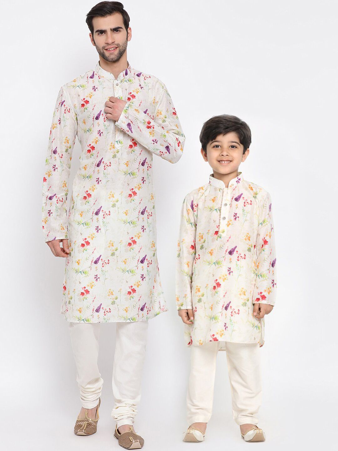 VASTRAMAY Boys Cream-Coloured Floral Printed Regular Kurta with Churidar-picture-22