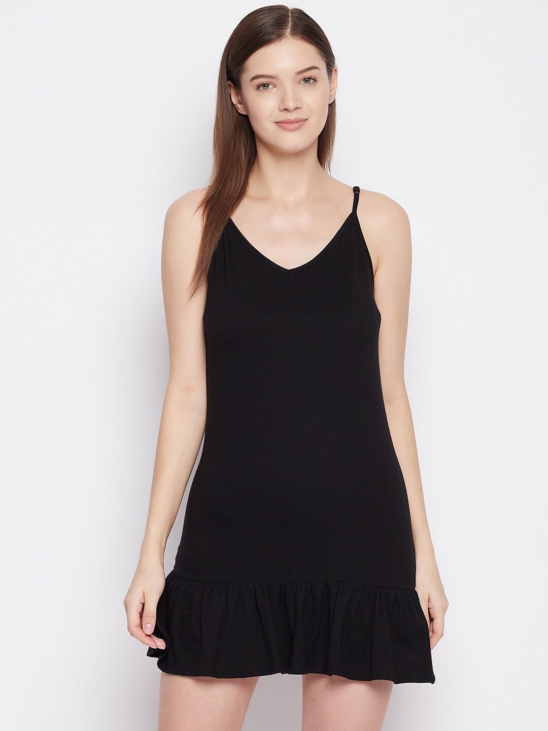 Hypernation Women Solid Black Cotton Knitted Nightdress-picture-18