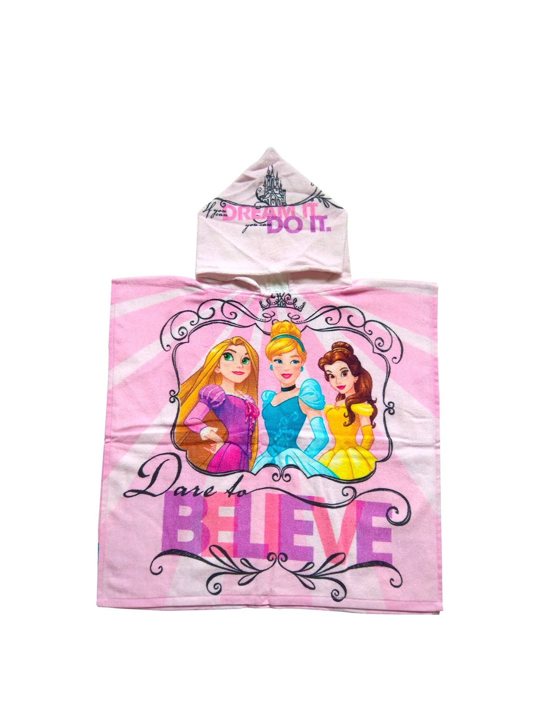 Disney Pink & Yellow Printed Cotton 350 GSM Hooded Bath Towel Poncho-image-46