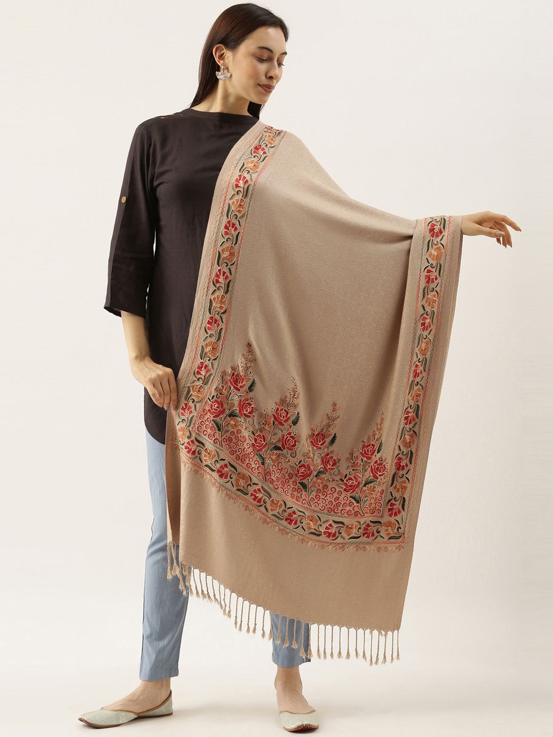 Pashmoda Women Beige & Multicolored Embroidered Shawl-image-32
