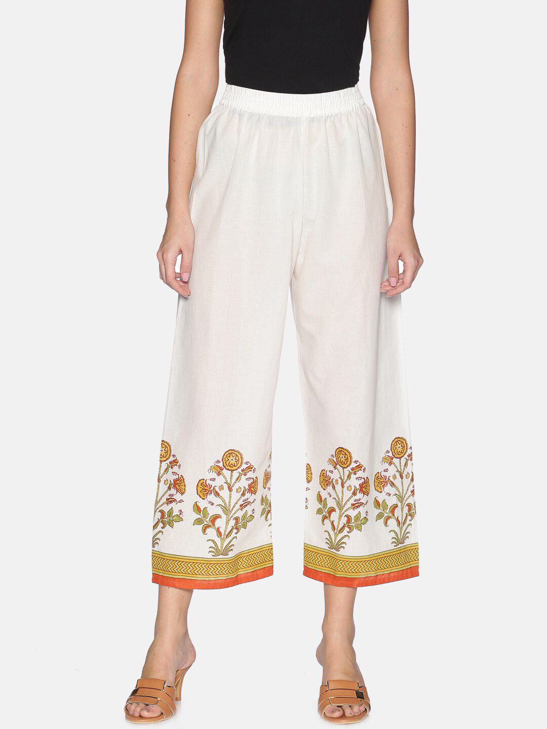 Saffron Threads Women Off White & Yellow Jaipur Motifs Cropped Pure Cotton Ethnic Palazzos
