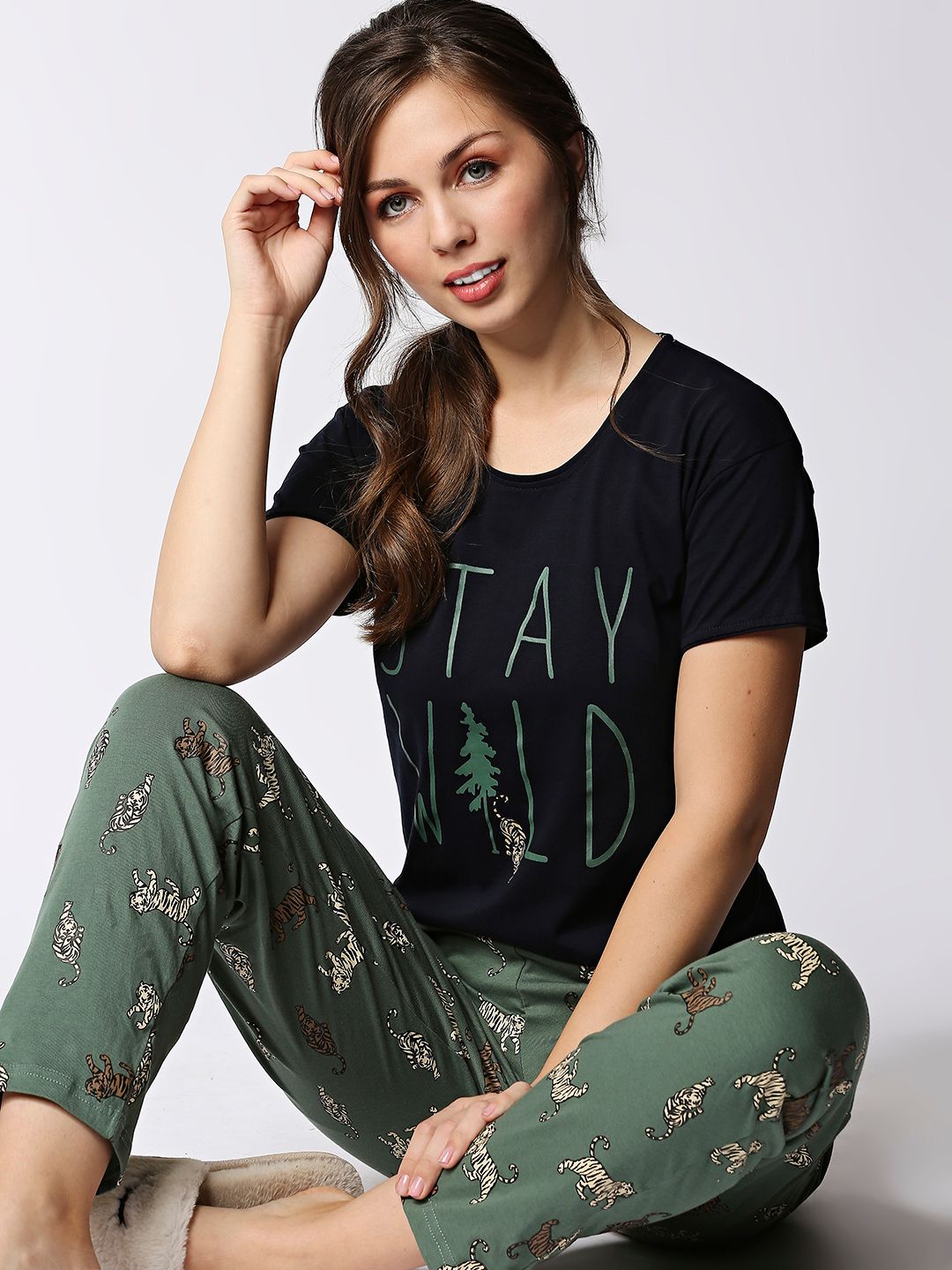 I like me Women Black & Olive Pure Cotton Printed Night Suit-picture-48
