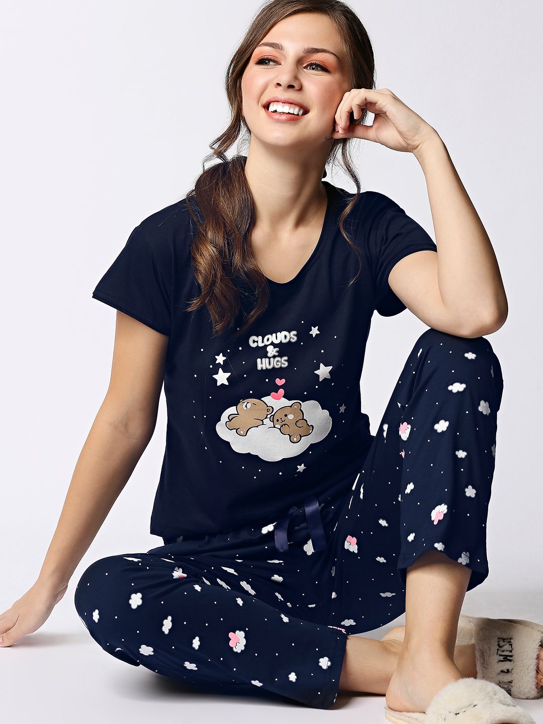 I like me Women Navy Blue & White Pure Cotton Printed Night Suit-picture-32