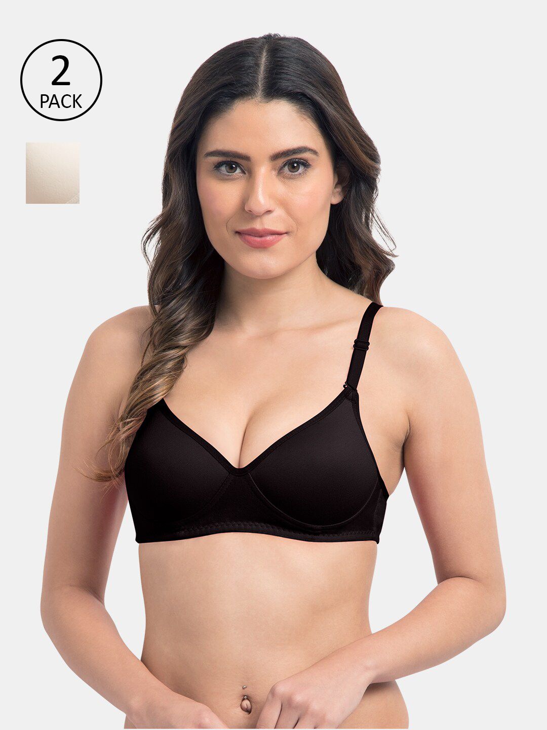 KOMLI Women Pack Of 2 Black & Off White Non Wired Lightly Padded T-Shirt Bra-picture-25