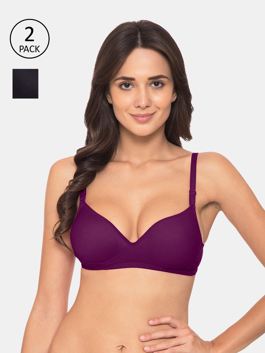 KOMLI Women Pack of 2 Magenta & Black Solid Padded T-shirt Bra-picture-29