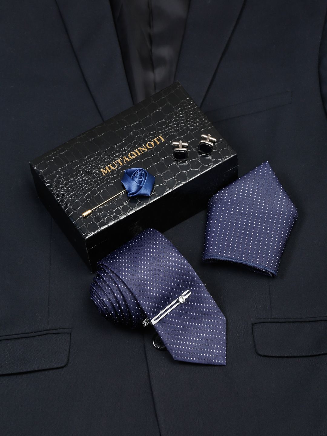 MUTAQINOTI Men Micro Geometric Self Design Silk Necktie Accessory Gift Set