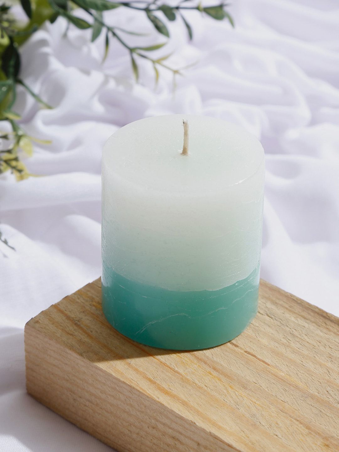Fabindia Sea-Green & White Fragrance Wax Pillar Candle-image-1