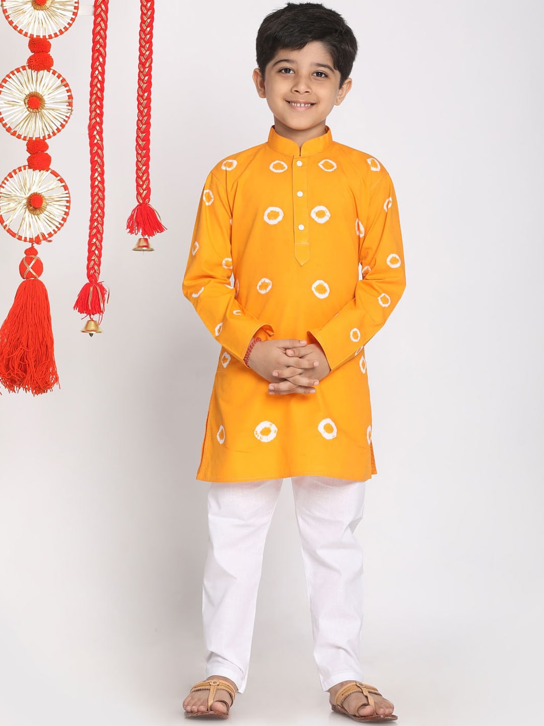 VASTRAMAY Boys Orange Bandhani Embroidered Angrakha Kurti with Pyjamas