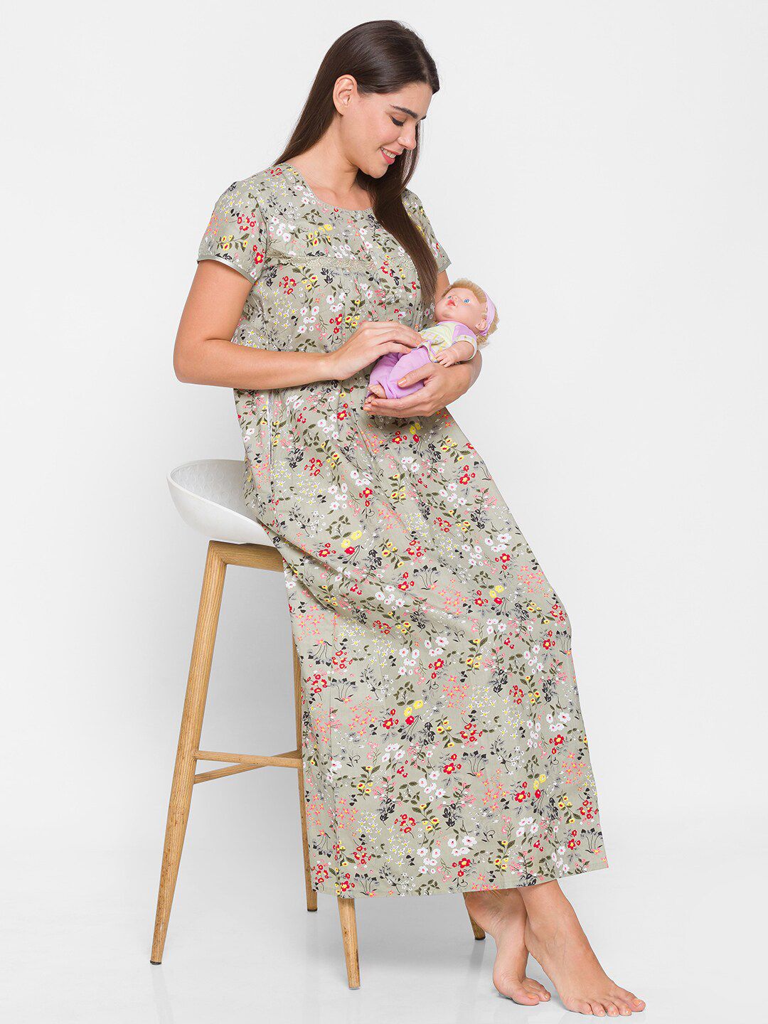 AV2 Women Grey Pure Cotton Floral Printed Maternity Nightdress-picture-36