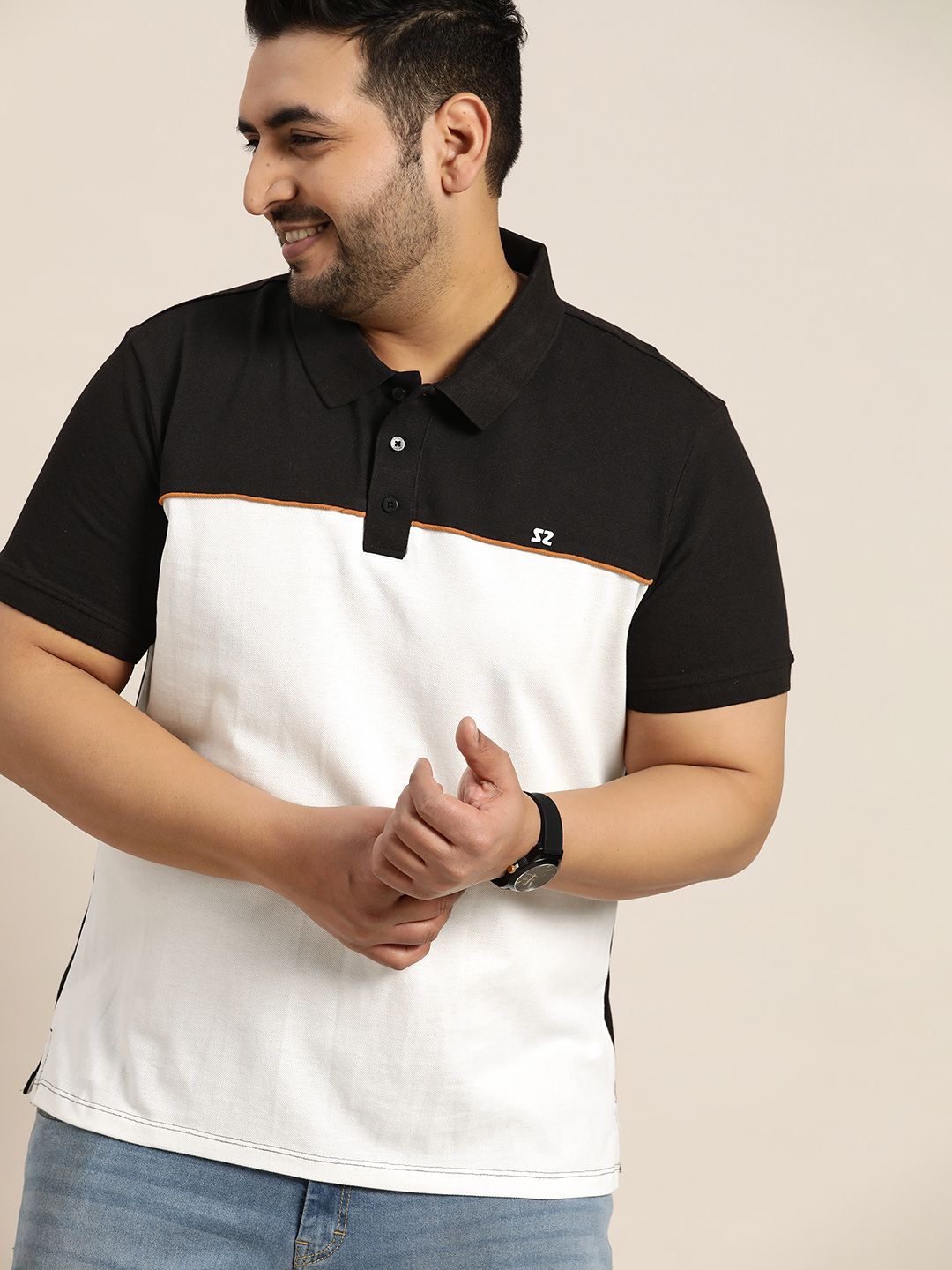 Sztori Men Plus Size White & Black Pure Cotton Colourblocked Polo Collar T-shirt-picture-55