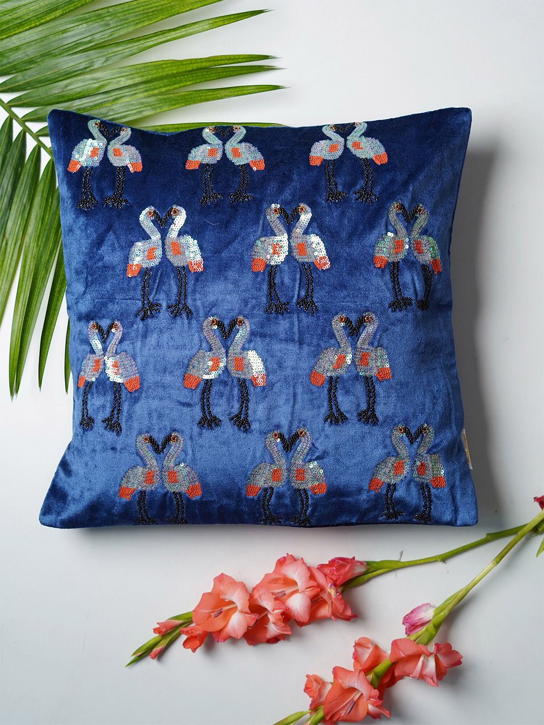 Folkstorys Blue & Coral Flamboyance of Flamingos Velvet Square Cushion Covers-image-10