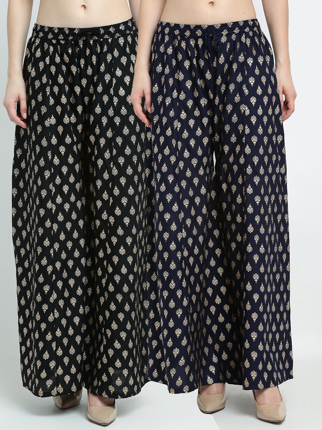GRACIT Women Black & Navy Blue 2 Ethnic Motifs Printed Knitted Palazzos-picture-30