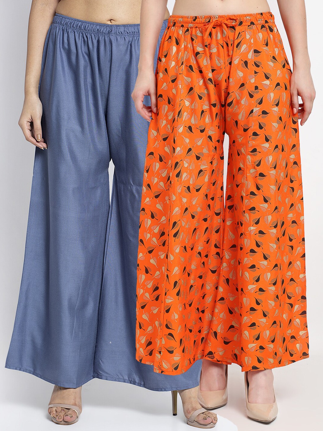 GRACIT Pack Of 2 Women Grey & Orange Floral Printed Knitted Ethnic Palazzos