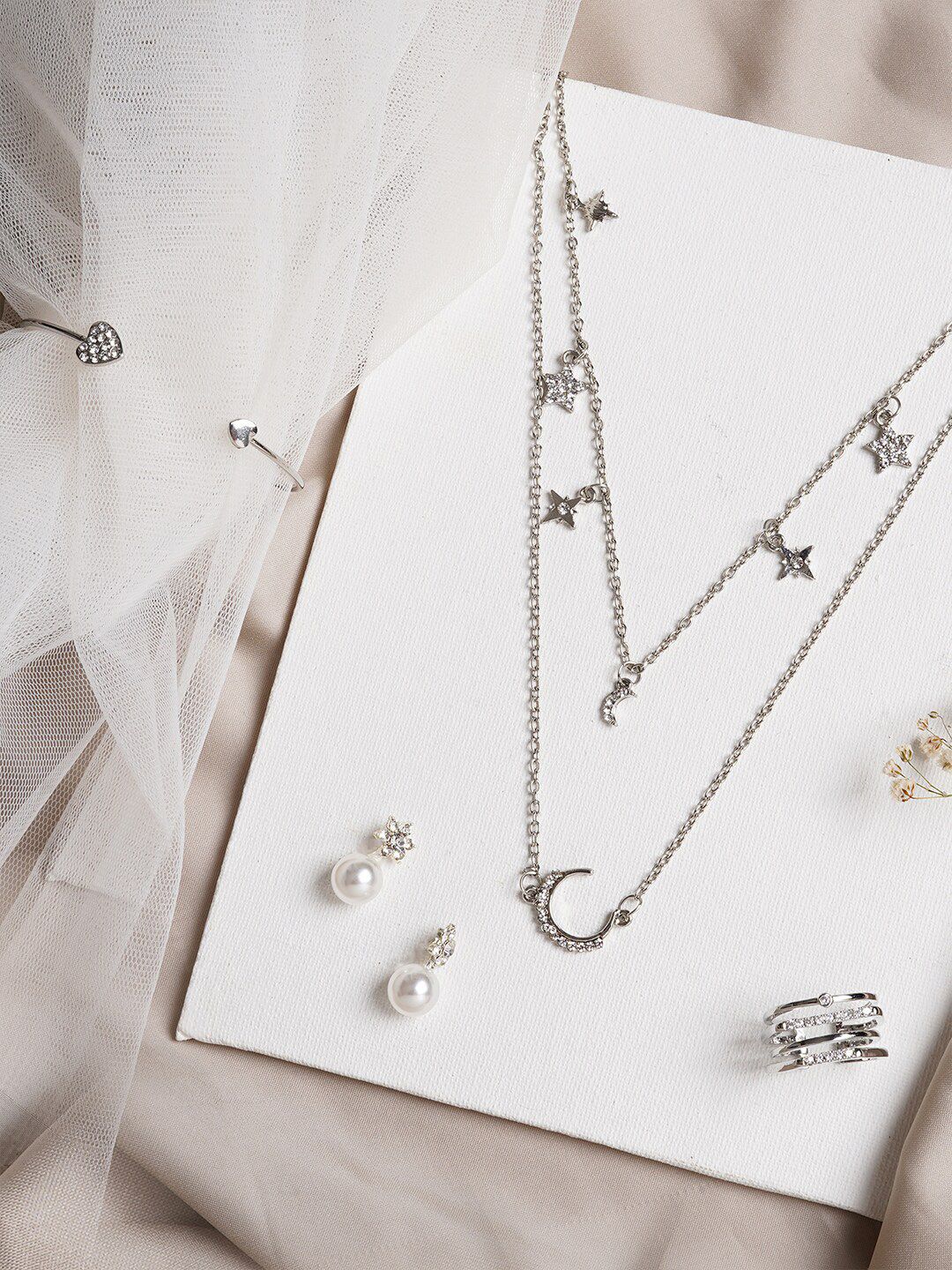 JOKER & WITCH Silver-Toned White Stone-Studded Pearl Layered Jewellery Set-picture-28