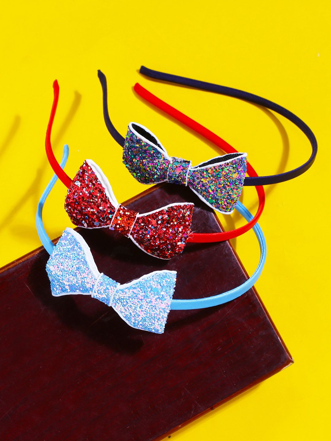 Yellow Chimes Girls Set of 3 Glitter Sequin Bow Hair Bands