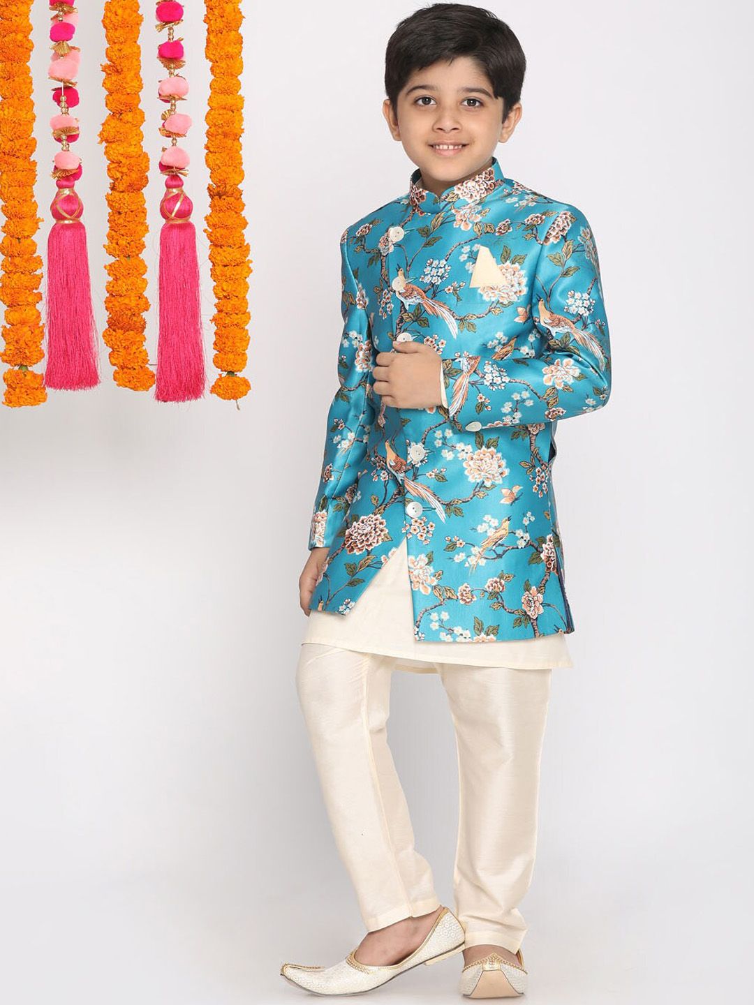 VASTRAMAY Boys Turquoise Blue & Beige Printed Sherwani Set-picture-24