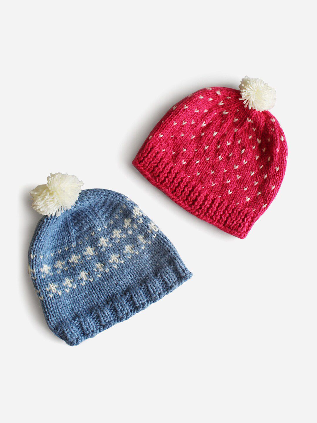 Woonie Unisex Kids Pink & Blue Set Of 2 Woven Design Beanies-picture-19