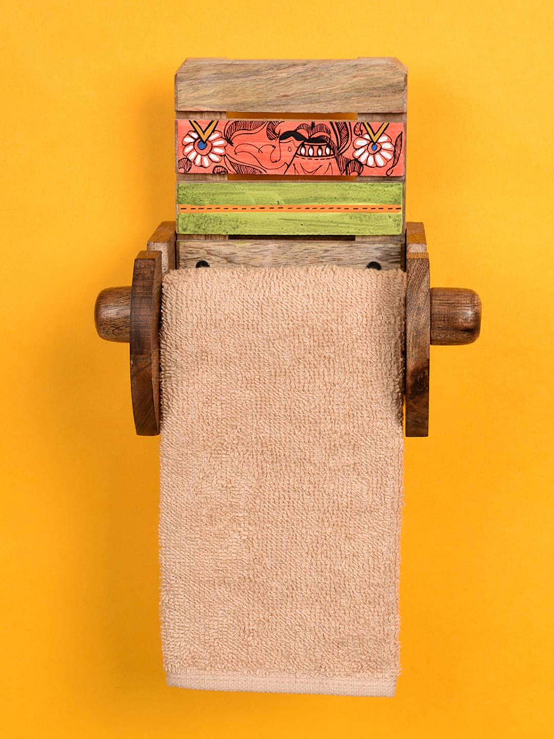 AAKRITI ART CREATIONS Camel Brown & Green Tribal Art Wood Handcrafted Towel Holder-picture-20