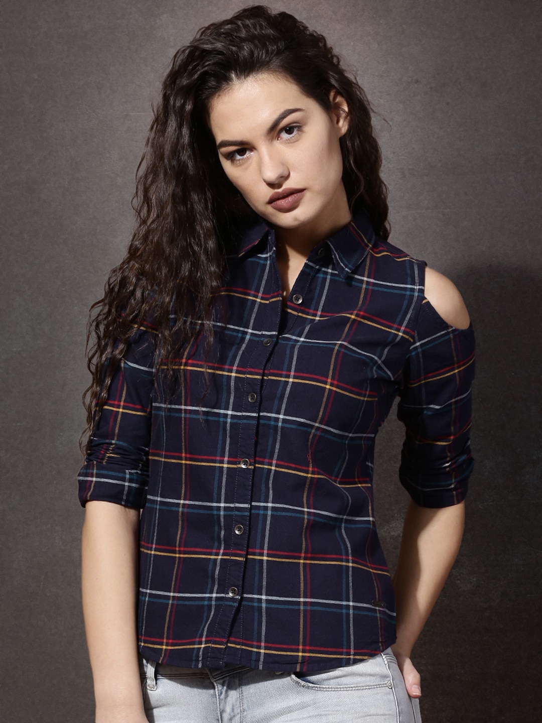 Roadster Women Navy Blue Checked Casual Shirt