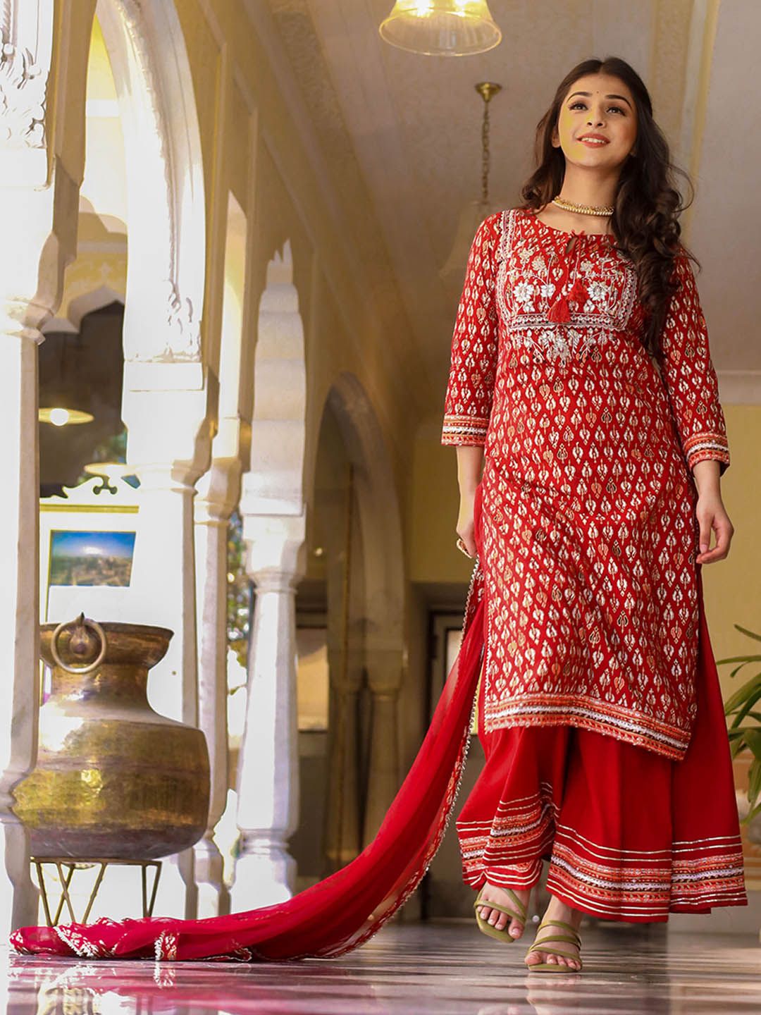 Divena Women Maroon Floral Printed Regular Gotta Patti Pure Cotton Kurta with Palazzos & With Dupatta-picture-18