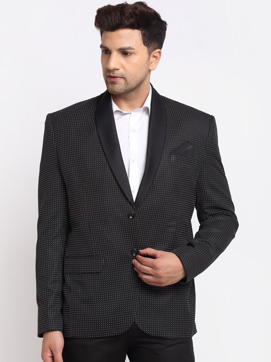 KLOTTHE Men Black & White Printed Tuxedo Blazer-image-22