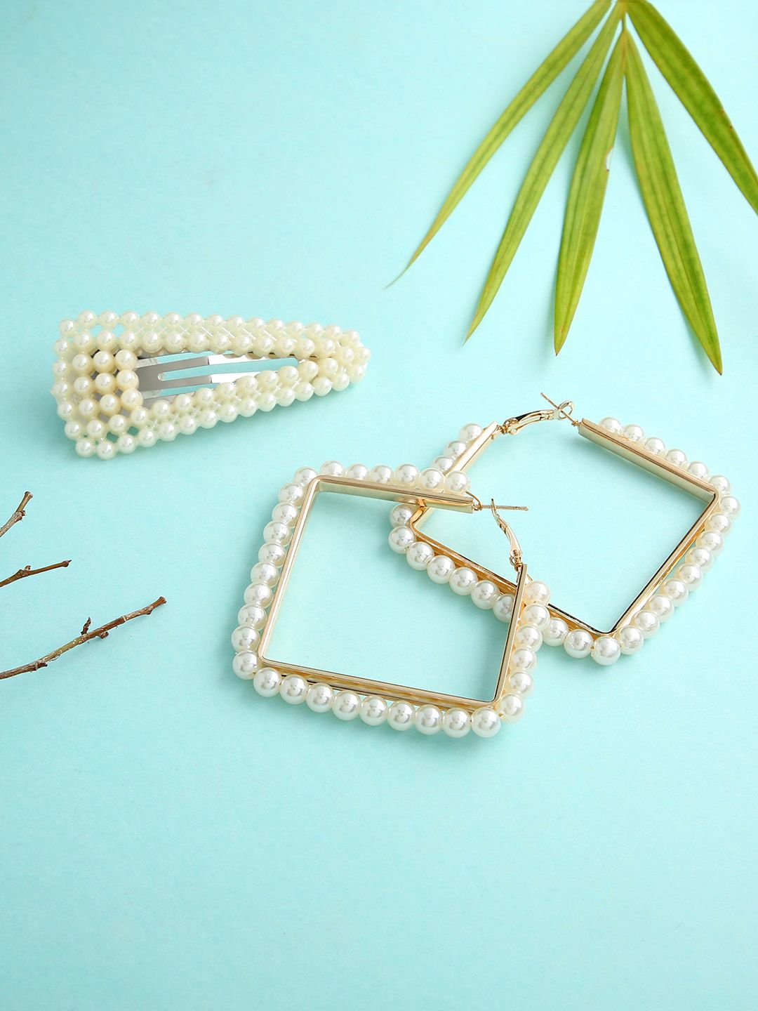 dressberry justpeachy Gold-Plated Square Hoop Earrings With Hair Clip-picture-57